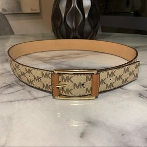 Michael Kors Women's Gold Buckle Belt, Leather Accents Brown/Luggage MK Logos